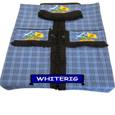 Blue tartan truck curtain set with Scotland flag embroidery and bold black fringe trim. Includes 2 curtains, 2 tiebacks, and matching pelmet for a complete cab upgrade. Whiterig Truck Curtains
